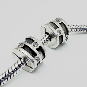 Pandora Sparkling Abstract Clear CZ Barrel Sterling Silver Clip Charms Set of 2